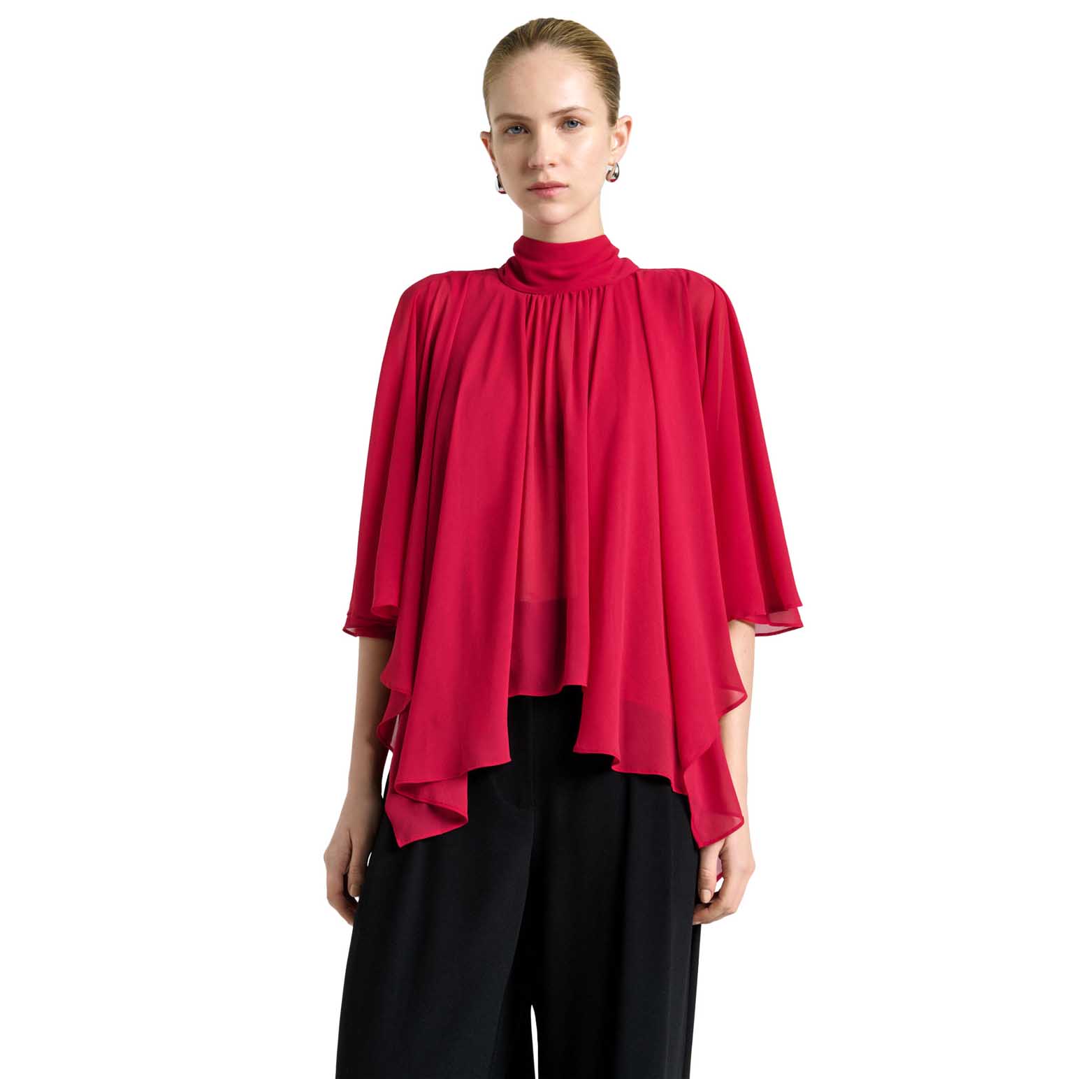 Cue Fuchsia Georgette Caped Ruffle Blouse
